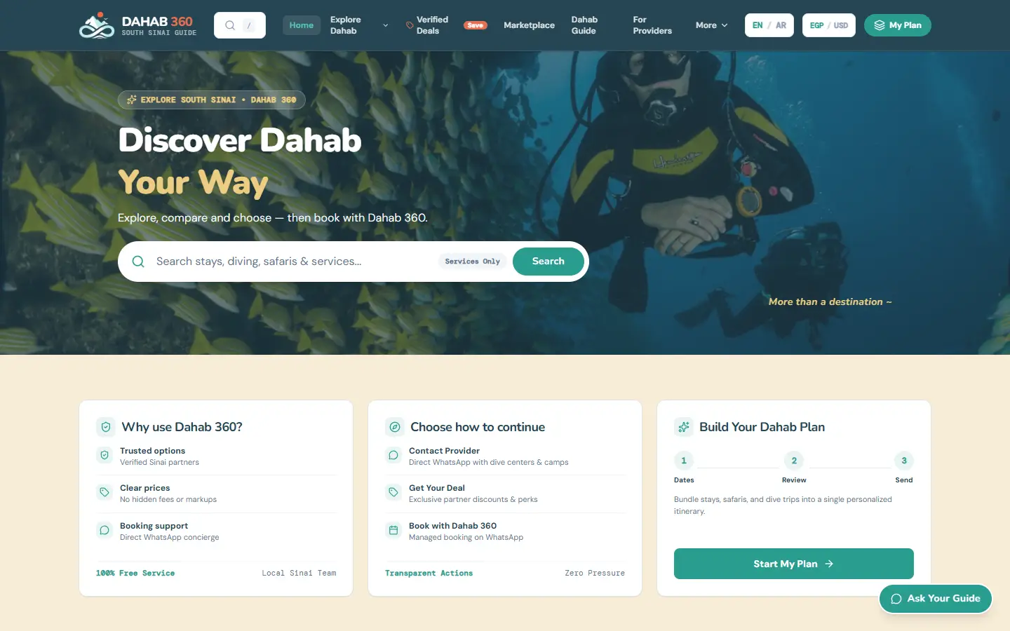 Tourism platform home page on desktop